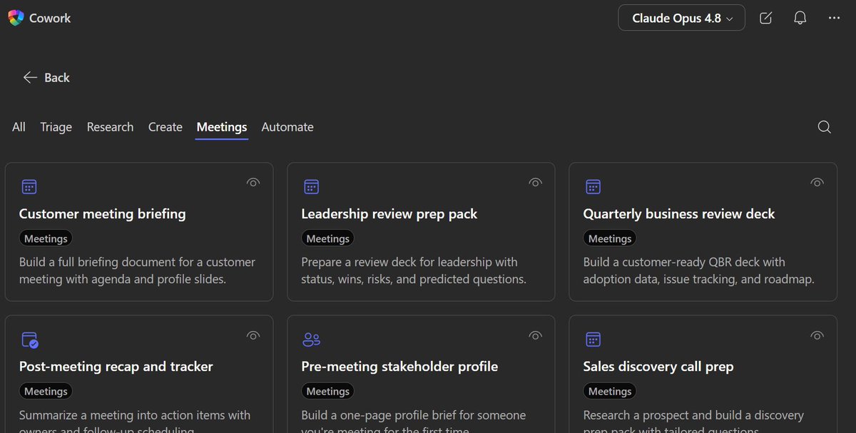 FlowAltDelete's tweet photo. Just seen this new update in Copilot Cowork.

Prebuilt tasks you can run now.

Looks like a prompt gallery… only these are actual tasks.

>Customer meeting briefing.
>Leadership prep pack.
>QBR deck.
>Post-meeting tracker.
>Sales discovery prep.

Task Gallery?

Either way, these tasks are cooking.