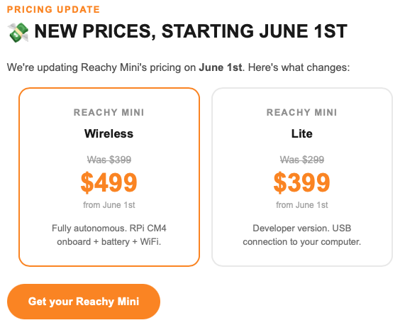 andimarafioti's tweet photo. Reachy Mini prices are increasing on Monday! If you want to get one, order it now to get 100$ off! https://t.co/c8XKGE3iKx