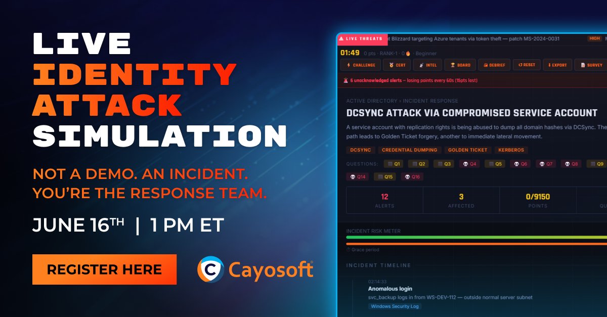 Cayosoft's tweet photo. Would you know how to respond to an attack on Active Directory and Entra ID in real time?

Join us for a live, interactive Identity Attack Simulation on June 16th at 1 PM ET and find out. 

Register here to put your instincts to the test: https://t.co/DroIMX9GII https://t.co/Ev3vU61K4R