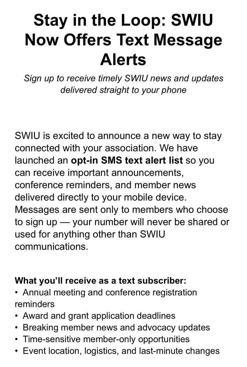 SWIUorg's tweet photo. Stay in touch - sign up for text message alerts! ☎️ link below https://t.co/HNVyRJVuEM