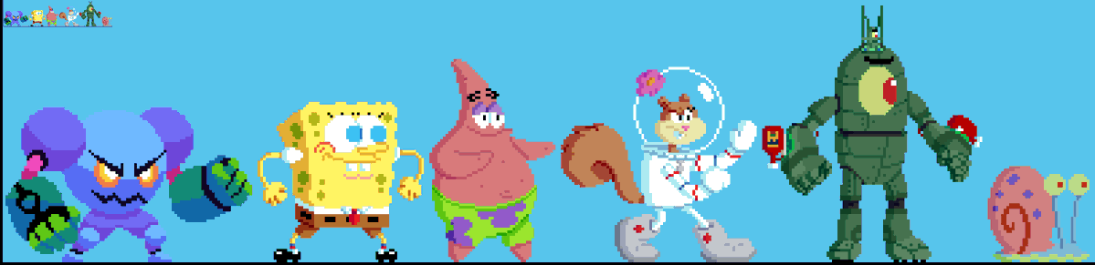 CrashyBomb's tweet photo. Spongebob resprited in the Arcus Chroma style plus other characters like Patrick, Sandy, Plankton, and Gary in that style as well.

Thought I'd try spriting other Spongebob characters besides Bob himself. https://t.co/ScSI60kk3t