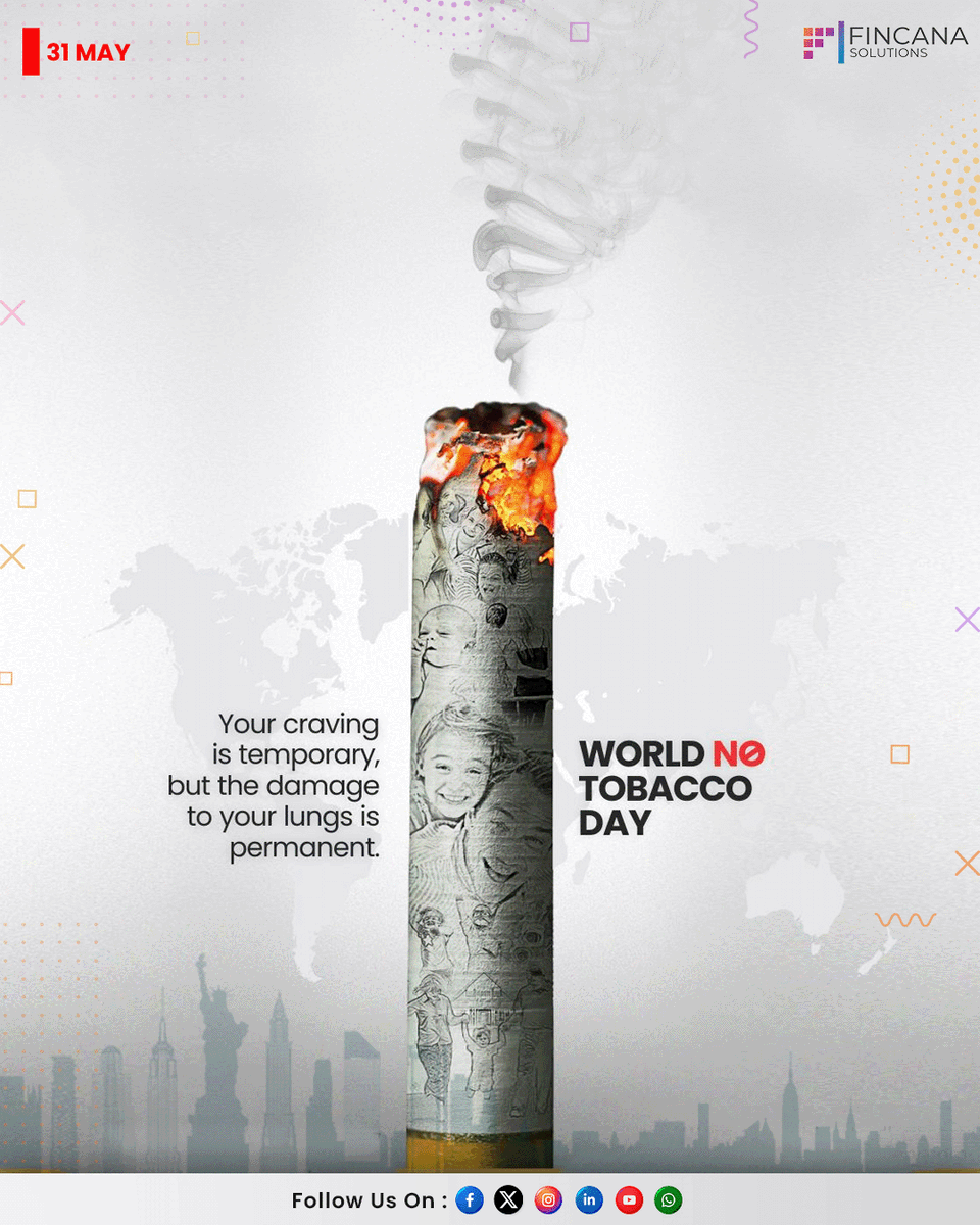FincanaSolution's tweet photo. Behind every cigarette is a risk we often ignore.
This World No Tobacco Day, spread awareness, support quitting &amp; choose a healthier future. 🌍🚭
.
.
#WorldNoTobaccoDay #SayNoToTobacco #healthylivinglifestyle #LiveHealthy
#healthyhabitsdaily https://t.co/N2DdyzhjPI