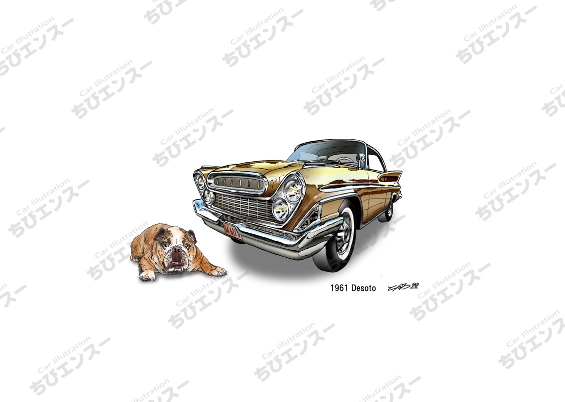 chibienthu's tweet photo. CHRYSLER DESOTO (1961)
クライスラーで33年続いたDESOTOブランドの最終モデル。
その名は16世紀のスペインの探検家に由来。

Desotoもデフォルメしたらブルドッグっぽい愛嬌があふれ出ちゃって。
 ＃ブルドッグ #BULLDOG #DESOTO #動物とクルマのイラスト https://t.co/m3O3Sjaw15