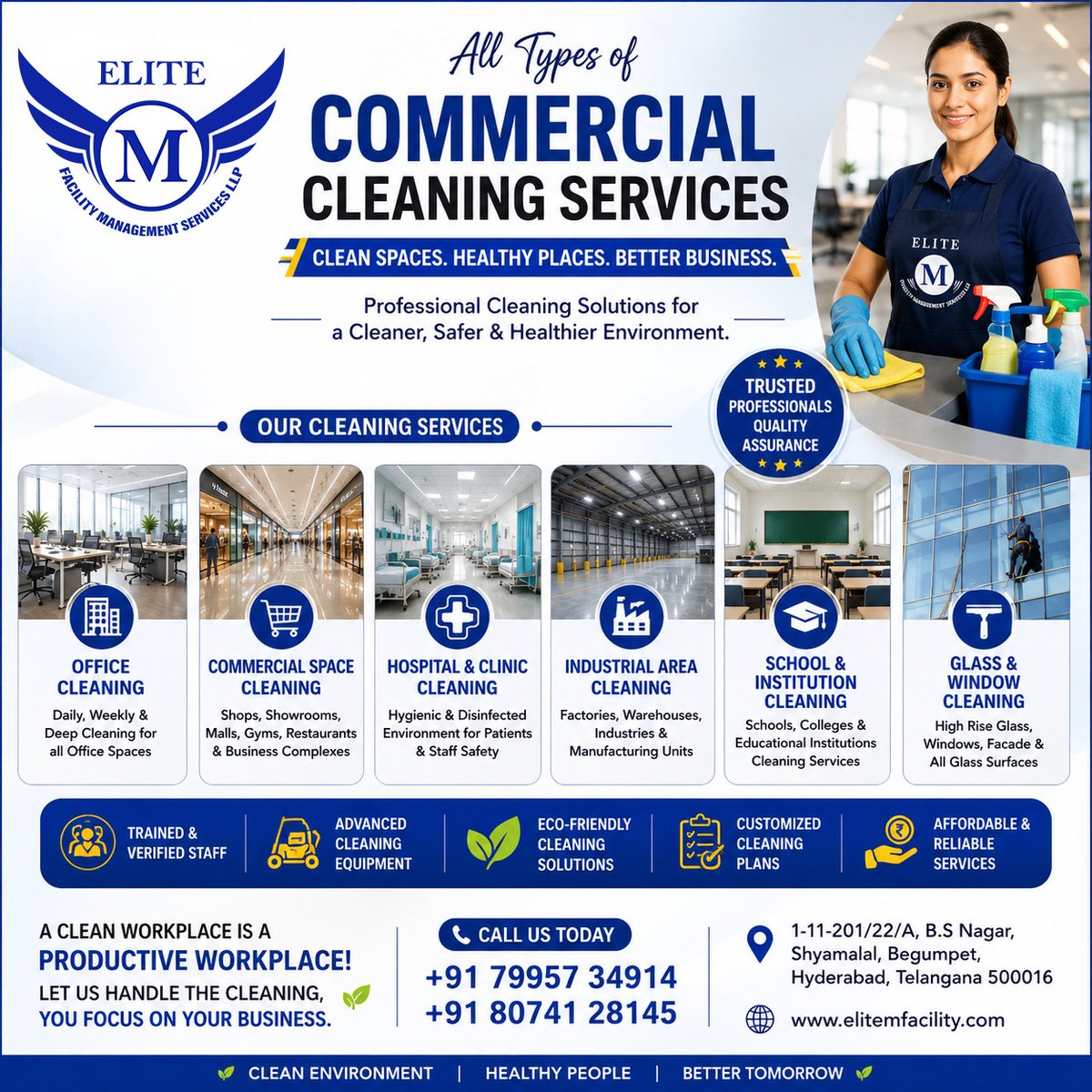 ElitemLlp's tweet photo. ✨ All Types of Commercial Cleaning Services in Hyderabad ✨
A clean workplace creates a positive impression, improves productivity, &amp; promotes a healthier environment. 
📞79957 34914 |  80741 28145

#CommercialCleaningHyderabad #hyd #OfficeCleaningHyderabad #EliteM #BestCleaning https://t.co/86se8mkmYv