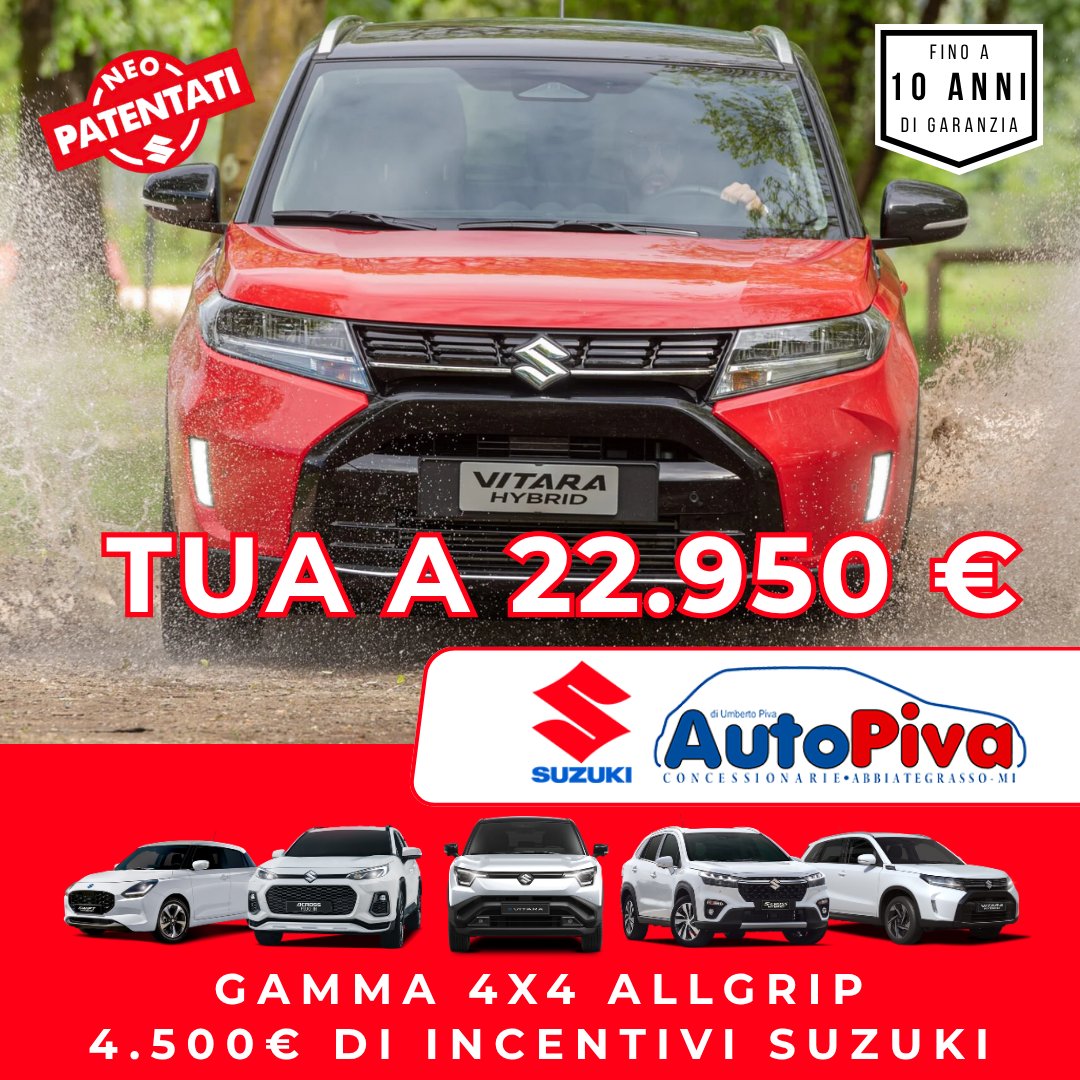 Autopivasas's tweet photo. Vitara Hybrid: Solida. Sicura. Suzuki e... perfetta anche per neopatentati!
Tua a partire da 22.950 € con permuta o rottamazione.
👉 Scopri di più: https://t.co/Wh9zA20i8l
Il SUV compatto pensato per chi vuole libertà, comfort e controllo in ogni situazione. https://t.co/hDq7H1ekYz