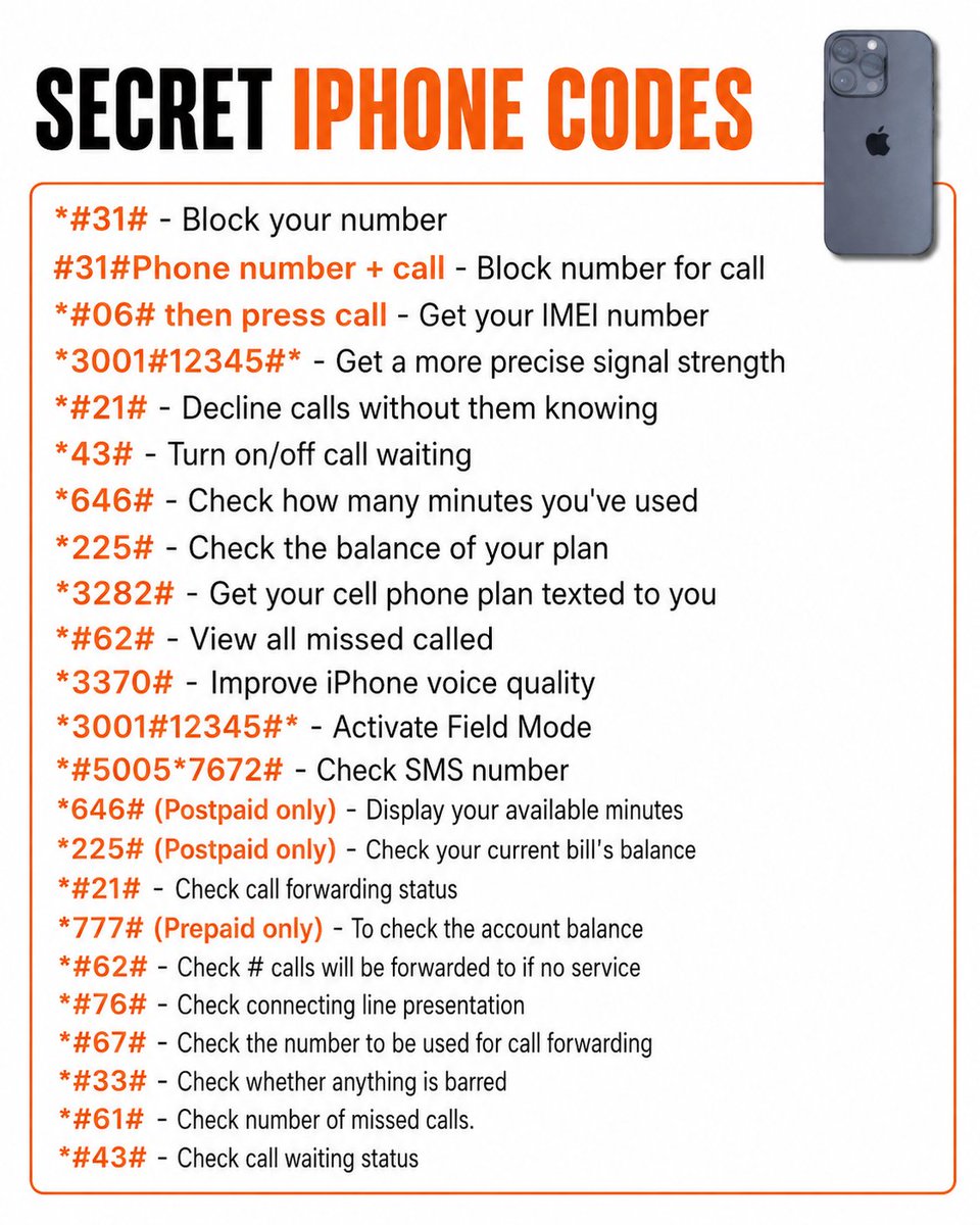 MoniAi217872's tweet photo. The Ultimate List of iPhone Secret Codes.  Bookmark this post so you don’t lose these hidden iPhone tricks!

Follow @MoniAi217872 for more secret  tips, tech hacks &amp; viral tricks daily https://t.co/tlrtFZ45c8