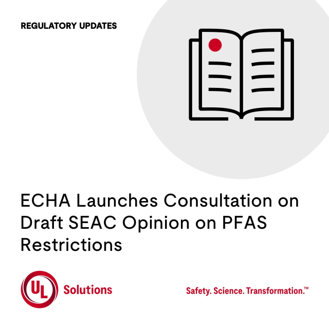 ulDanOShea's tweet photo. On March 25, 2026, ECHA announced a public consultation on the draft opinion of its Committee for Socio Economic Analysis (SEAC) regarding proposed restrictions on PFAS. Read additional details here: https://t.co/Kf7XZheXlt #weareULSolutions #ECHA #Chemicals #PFAS https://t.co/vYbjTt93Yn