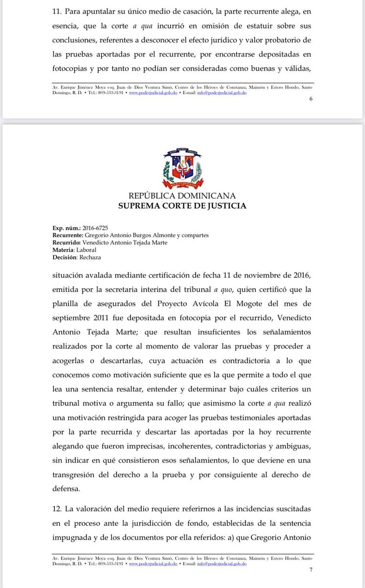 FJimenezRD's tweet photo. Posibilidad de valorar documentos en fotocopia. "Si bien por sí solo las fotocopias no constituyen una prueba, esto no impide que el juez aprecie su contenido y deduzca consecuencias, sobre todo en una materia donde existe la libertad de pruebas y el juez tiene un amplio poder de apreciación de estas y no pueden descartar pura y simplemente un documento por tratarse de una fotocopia". Factum: recurrente que señala ante la corte de casación que la alzada no podía tomar en cuenta, conjuntamente con las demás pruebas, los documentos sometidos por la parte empleadora, debido a que fueron incorporados en fotocopia y este concluyó solicitando que se les desconociera valor probatorio.