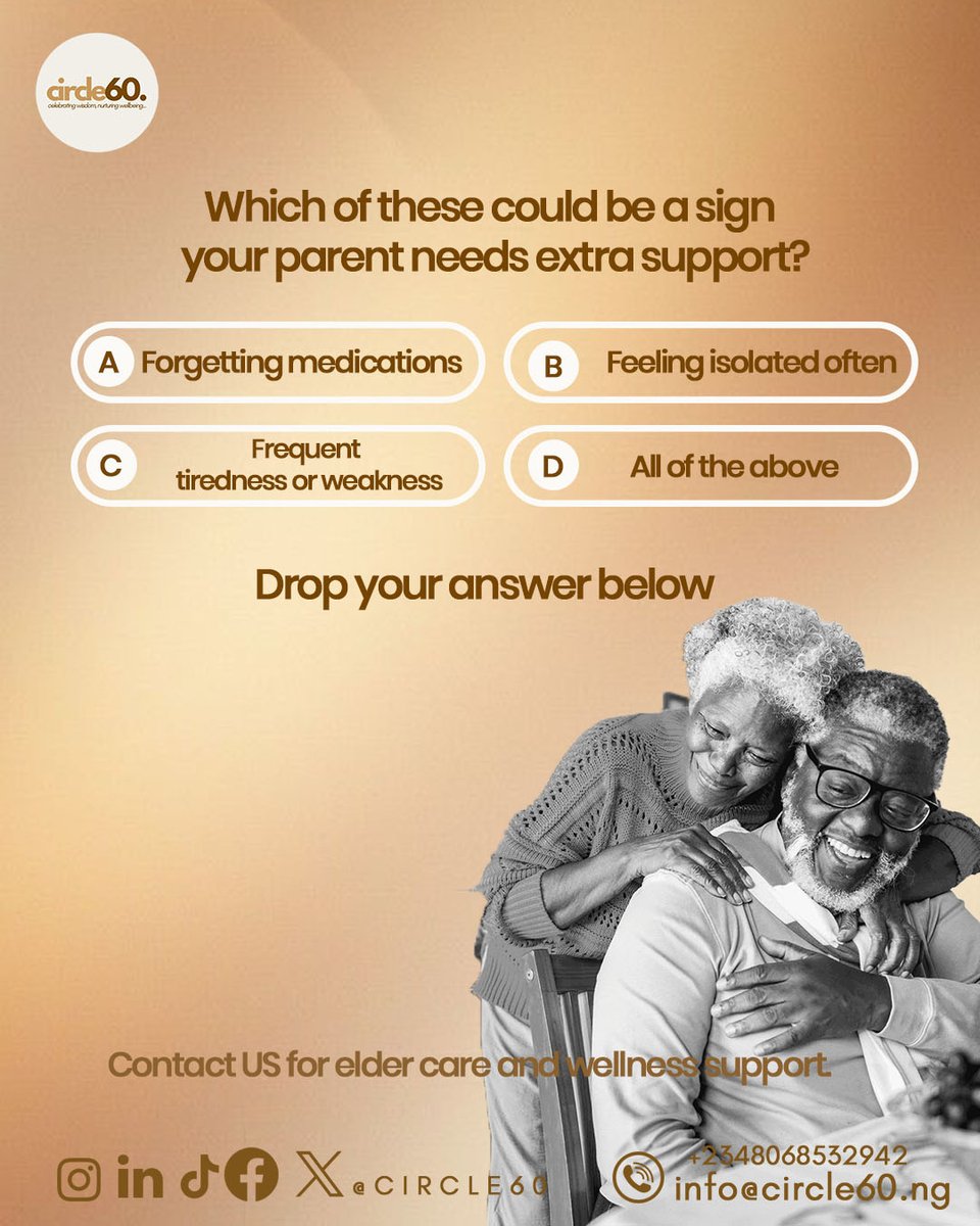 Circle60_'s tweet photo. Some signs that an elderly loved one needs support are easy to miss.

At Circle60, we help families support elders through community care, health monitoring, wellness programs, and caregiver access.

What signs have you noticed in ageing loved ones?

#ElderCareNigeria #Community https://t.co/9pS7whkBVn