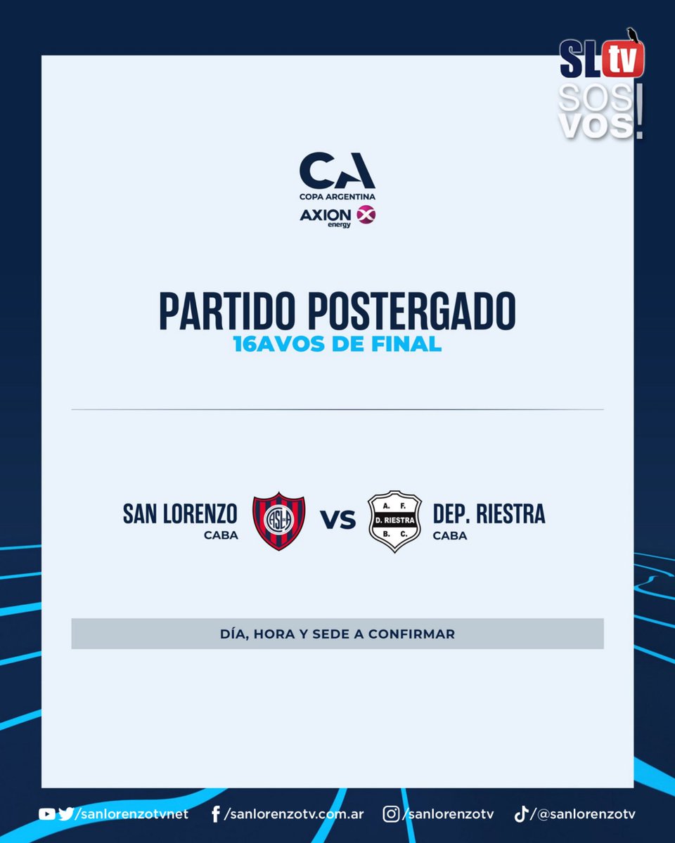 sanlorenzotvnet's tweet photo. 💣 Debido al pedido de aplazamiento por parte del presidente interino, Sergio Costantino, las autoridades de Copa Argentina decidieron postergar el encuentro entre San Lorenzo vs Dep. Riestra, que estaba pactado para jugarse el miércoles 3/6 a las 21:10hs. Con fecha, hora y sede a confirmar.