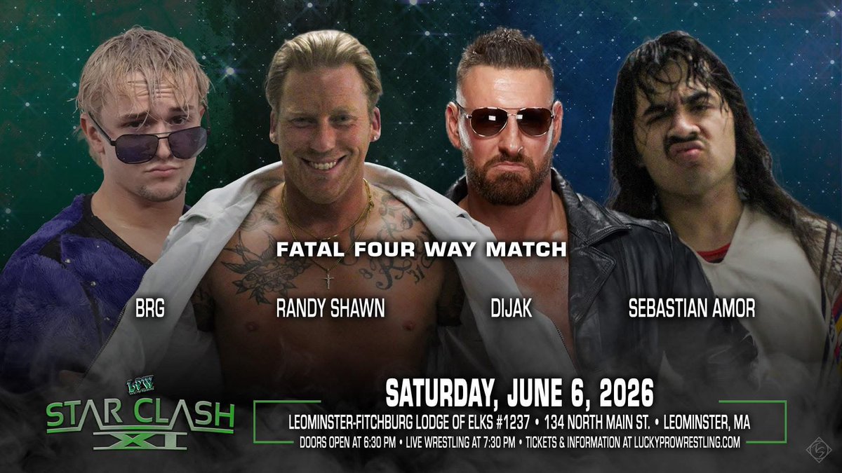 LProWrestling's tweet photo. Lucky Pro Wrestling presents StarClash XI Saturday night, June 6 at the Elks Hall (134 North Main Street) in Leominster, MA. Tickets for this event are just $20 or Four Pack is just $75. Tickets available at https://t.co/hJK75FvMuG https://t.co/OOn5reryAW