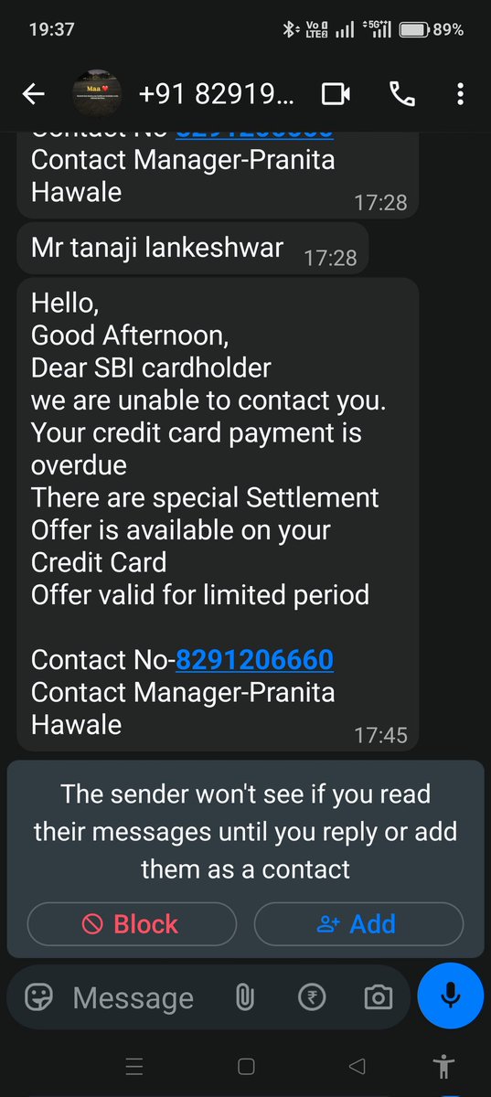 TLankeshwar's tweet photo. 🚨 LEGAL DEMAND NOTICE @SBICard_Connect @RBIsays @dr_sharma77057 @ShilpiA86858531
मुझे +91 8291983172 से 3 बार WhatsApp harassment हुई:
📅 16 May 2026 – 11:38 AM
📅 29 May 2026 – 17:28 & 17:45
"Pranita Hawale – Contact Manager" ने contact किया।
मेरी LEGAL DEMAND है — 7 दिन में बताएं:
🔴 क्या +91 8291983172 AUTHORIZED है?
🔴 Pranita Hawale का Employee ID?
🔴 उनका Official Email ID?
🔴 Authorization Card/Certificate?
RBI नियम के अनुसार यह मेरा अधिकार है!
जवाब नहीं मिला → @RBI Ombudsman + Cyber Crime 1930
#SBICard #RecoveryHarassment #RBIGuidelines #BorrowerRights #ConsumerRights #CyberFraud