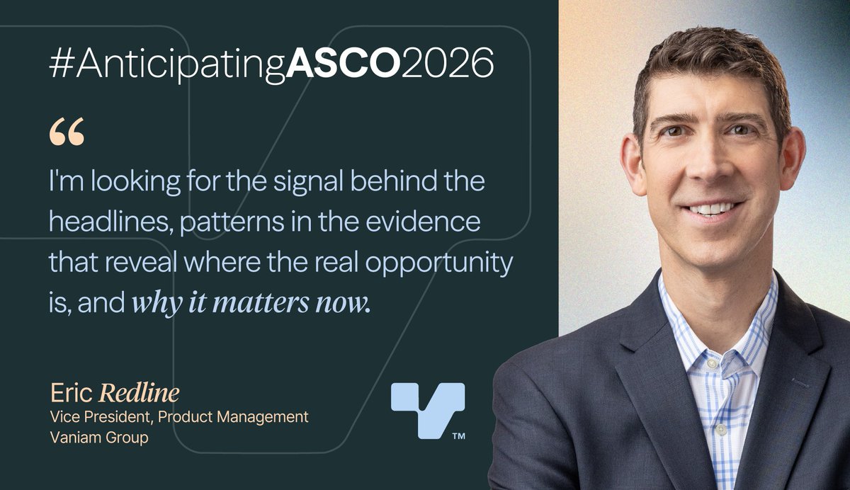 VaniamGroup's tweet photo. At #ASCO26, the headlines will move fast. Vaniam Intelligence helps uncover what sits beneath them.

As we continue #AnticipatingASCO2026, Eric Redline, Vice President of Product Management at Vaniam Group, shares how patterns in the evidence can signal where the real opportunity is, why it matters now, and how teams can move forward with greater clarity.

Visit us at Booth #30147 to see Vaniam Intelligence in action, or connect with us at partnership@vaniamgroup.com.

#ASCO2026 #VaniamIntelligence #VaniamGroup #Oncology