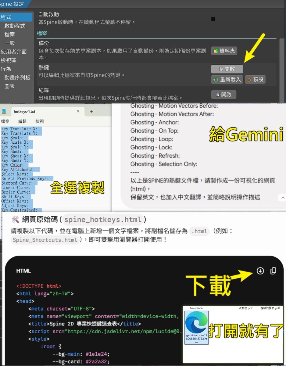 moritatsu018's tweet photo. 利用Gemini做了一份Spine的快捷鍵查詢網頁 ：口！
懶得一個個找我要的功能，現在快速多了，還可以單點複製，再進文件裡找對應快捷鍵修改xD https://t.co/TrSC716PKV