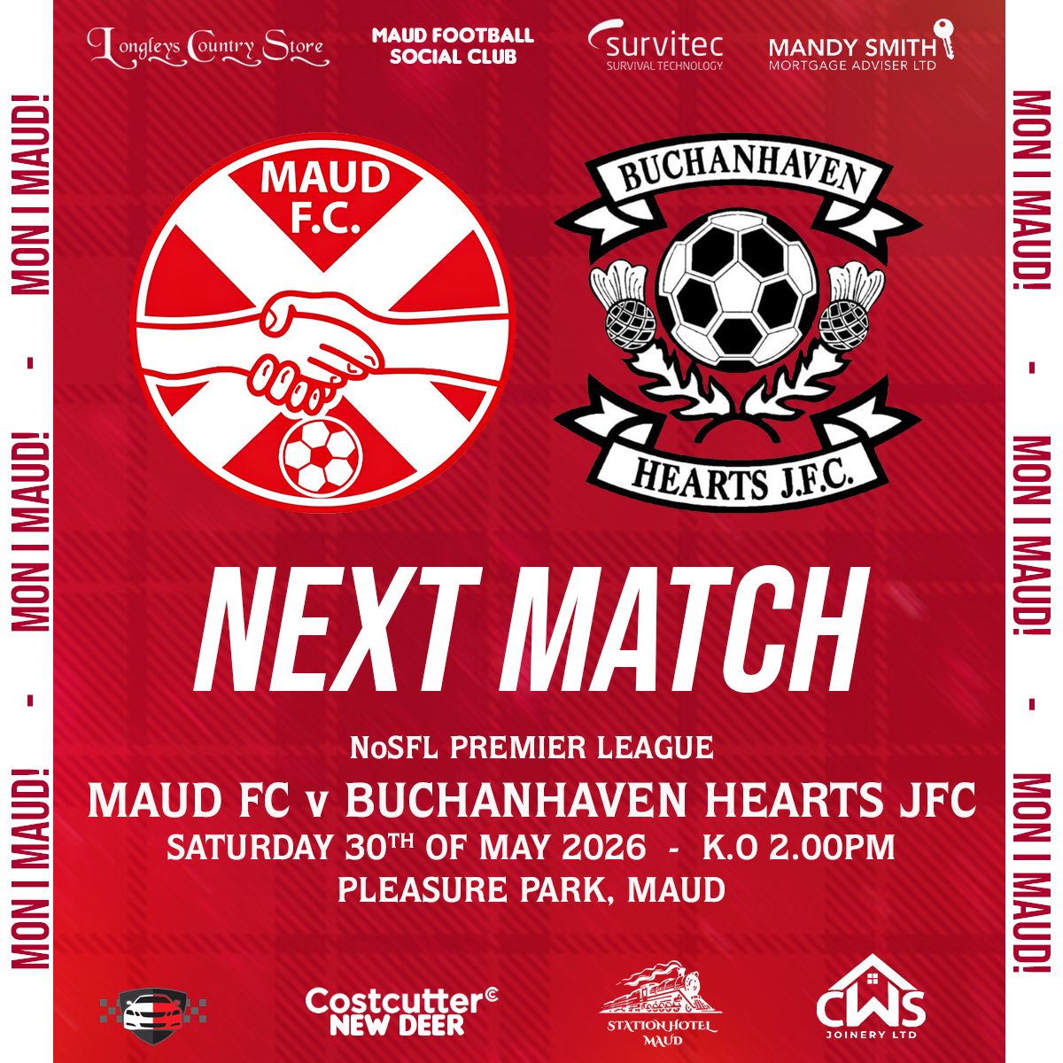maud_fc's tweet photo. It’s our final match of the 2025/26 season tomorrow ⚽️🔴⚪️

🏆 NoSFL Premier League
🆚 Buchanhaven Hearts JFC
🗓️ 30/05/26
⏰ 14:00
📍 Pleasure Park, Maud

Mon i Maud!! 🔴⚪️ https://t.co/YlfEEa2lcI