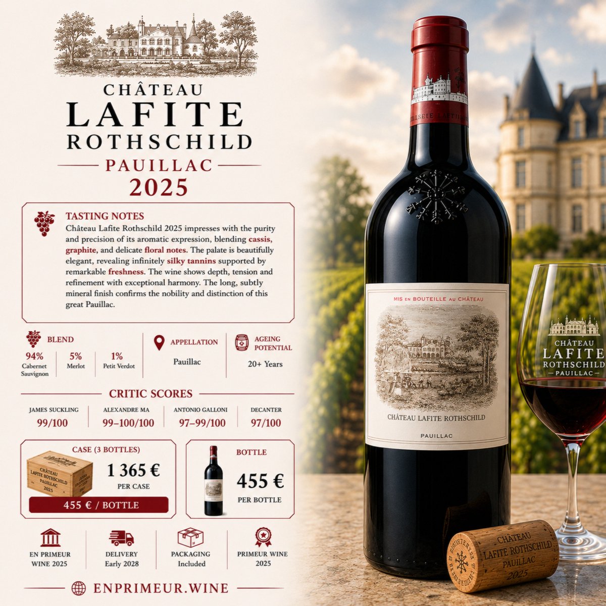 enp_wine's tweet photo. Château Lafite Rothschild 2025 defines classic Pauillac elegance.
Cassis, graphite, floral notes, and ultra-silky tannins supported by freshness and precision.
A benchmark Bordeaux 2025 release. Around €455 per bottle.#LafiteRothschild #EnPrimeur2025 #FineWine #WineCollector https://t.co/XrEu4opFAE