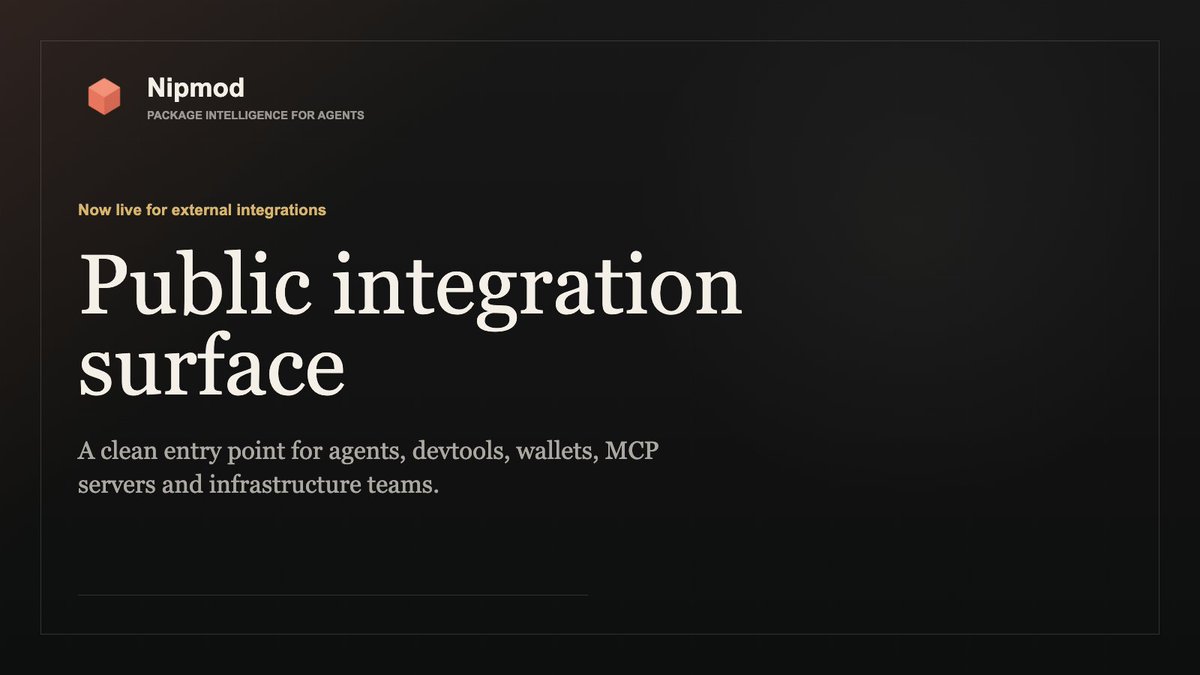 nipmod's tweet photo. We just shipped the public integration surface for Nipmod:

Agents and infra teams can now evaluate how Nipmod fits into their stack before they integrate it.

Partner entry:
https://t.co/uvzvovplq8
Agent-readable integration pack:
https://t.co/Fp4Ml0na7I

The hosted API is read-only:
no workspace writes, no package execution, no private workspace data required.
Core API access is protected with beta keys.

This is still beta, but this is the point where Nipmod becomes easier to test, integrate and build around.

If you are building agents, devtools, wallets, MCP servers or onchain infra, we want to talk.