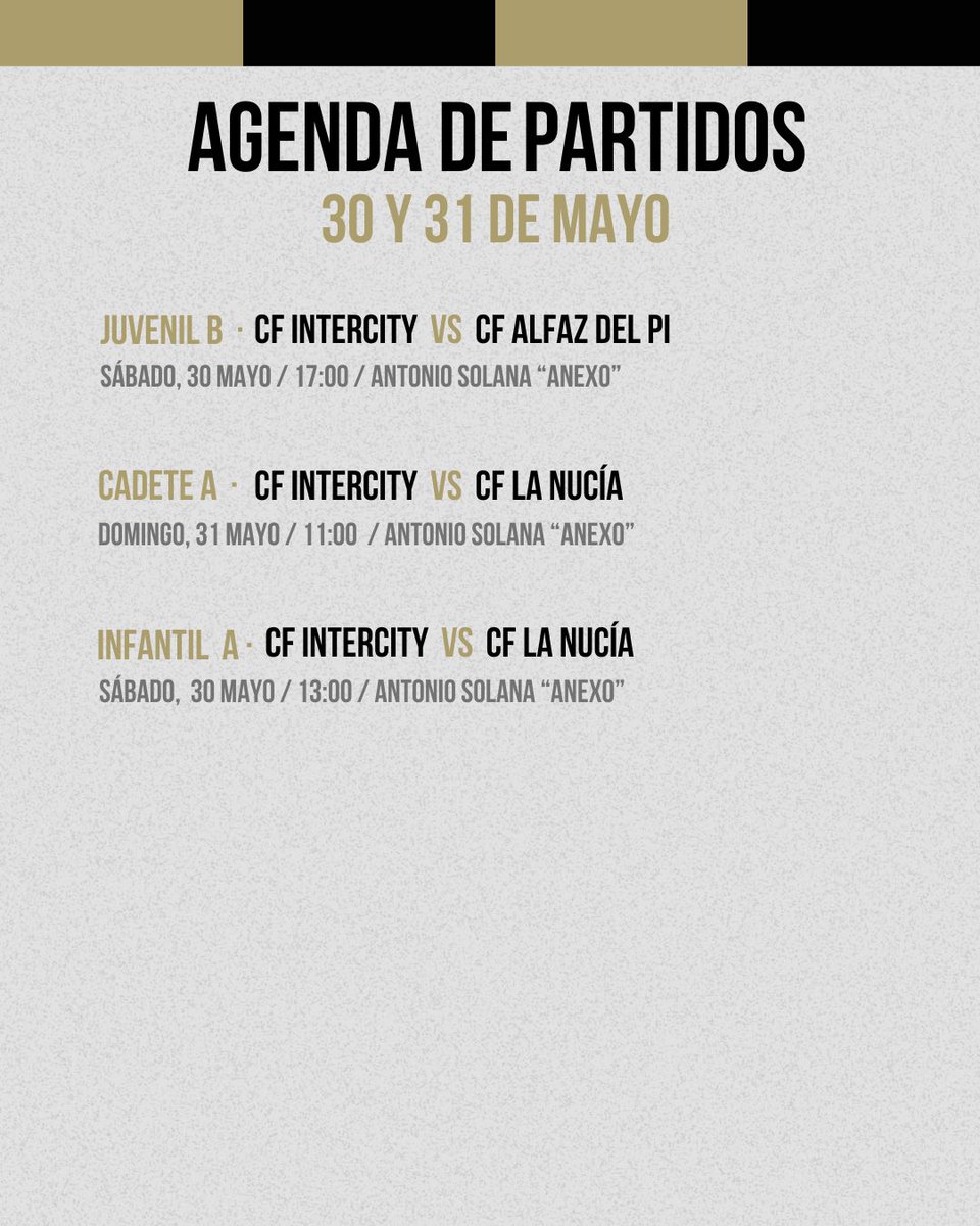 BaseCFIntercity's tweet photo. 📒⚽ 𝗛𝗢𝗥𝗔𝗥𝗜𝗢𝗦 • Estos son los partidos de nuestros equipos este fin de semana 

💪🏻🍀 ¡𝗦𝘂𝗲𝗿𝘁𝗲! https://t.co/eicMW4SBMg