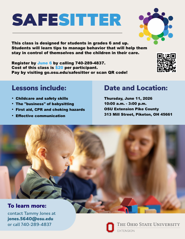 EasternLocalSD's tweet photo. The Pike County OSU Extension is offering the SAFESITTER course for childcare training. Register by June 6 by calling 740-289-4837.
Cost of this class is $20 per participant. 
Pay by visiting https://t.co/qdZ4Tn058x or scan QR code https://t.co/ze3XAhHI39