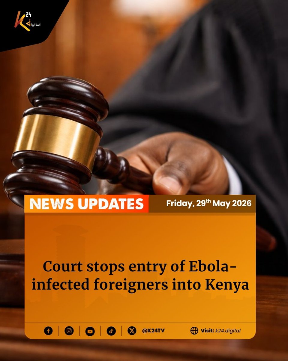 K24Tv's tweet photo. A Nairobi High Court has issued an order blocking the government and the Ministry of Health Cabinet Secretary, Aden Duale, from allowing the entrance of persons infected with the Ebola disease into Kenya.

Read the full story here: https://t.co/G0RLAuxIkf https://t.co/fh6m9C20N0