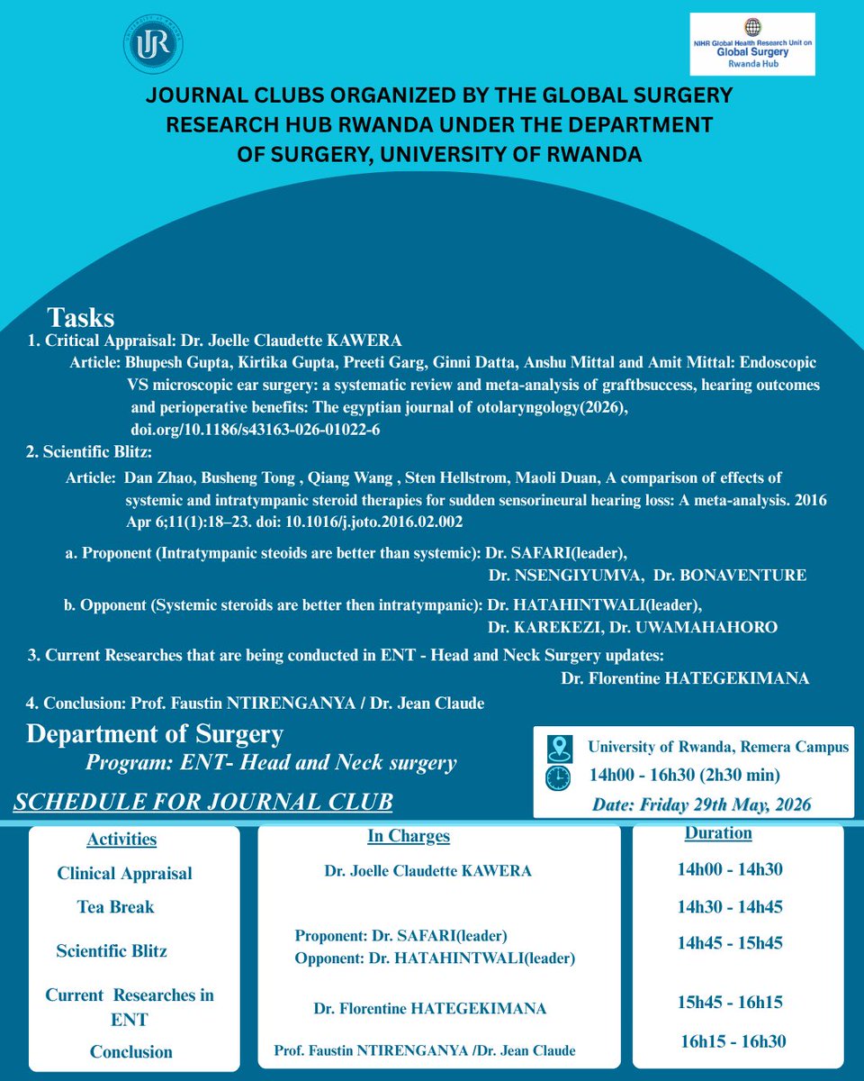 GSU_Rwanda's tweet photo. We are live for this month #JournalClub and the #ENTprogram contribute to today’s #criticalappraisal, #scientifBlitz and the #ongoingStudy in #ENTprogram.@Fostino21, @NIHR_GSU,@RwandaHealth, @Uni_Rwanda, @uncogoza, @ijea2000 https://t.co/T5mRRoCLl1