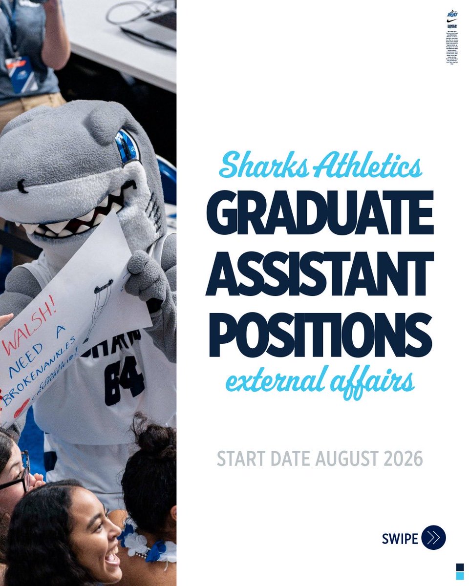NSUSharks's tweet photo. NSU Athletics is still accepting applications for graduate assistant positions beginning in August 2026. If you’re ready to grow, gain hands on experience, and be a part of a championship culture, we want to hear from you! 

Click on the link in bio to apply. https://t.co/zrOIHj6t02