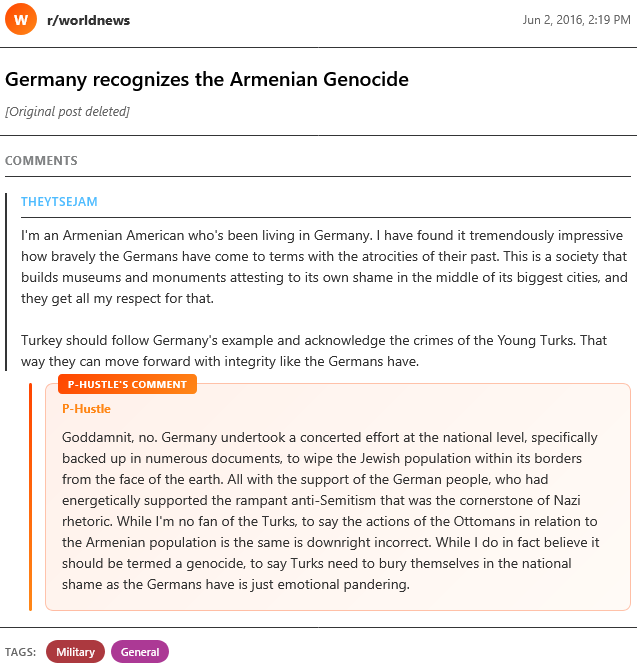 PeterCrowley's tweet photo. @LevineJonathan This is bullshit. Platner specifically stated, "I do in fact believe it should be termed a genocide".
Platner said that Germany's genocide of Jews was more evil, but he did not deny that the Turks did commit genocide against the Armenians. https://t.co/OZ1cSAXQ6j