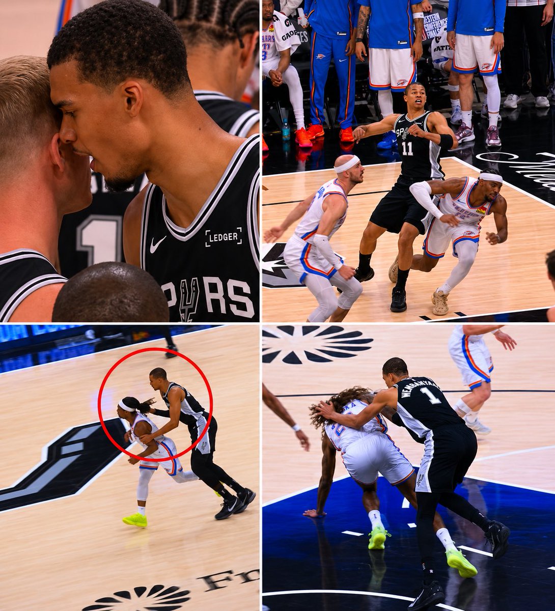 HaterReport's tweet photo. Wemby out here moving like a MOB BOSS 😭💀

Instead of crying about OKC flopping, they sent a message about what REAL fouls look like.

• Wemby caught in 4K ordering hard fouls 

• Carter Bryant TRUCKED SGA twice

• Wemby pulled Lu Dort’s hair

• Wemby pushed Cason Wallace https://t.co/bli9522C5U