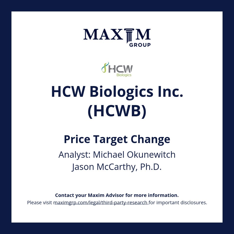 MaximGrp's tweet photo. Please email: rep@maximgrp.com To receive: Maxim Group - Morning Minutes / Maxim Group - Equity Research 

HCW Biologics Inc. $HCWB covered by Michael Okunewitch, Jason McCarthy, Ph.D.

Visit https://t.co/s7xLi34zcH for important disclosures https://t.co/RbAwxAVeGl