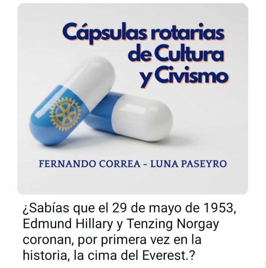 MundoRotario's tweet photo. ¿Sabías que el 29 de mayo de 1953, Edmund Hillary y Tenzing Norgay coronan, por primera vez en la historia, la cima del Everest?

Cápsulas Rotarias de Cultura y Civismo de Fernando Correa Luna del Rotary Plaza Italia (Distrito 4975 🇺🇾) para MUNDO🌎ROTARIO
@mundorotario https://t.co/NvG5CEP4Fs