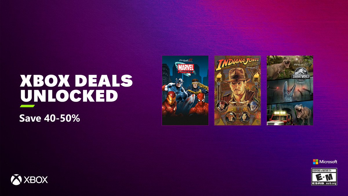 zen_studios's tweet photo. Xbox Deals Unlocked Sale! 🔓

Grab these action-filled tables and packs in Pinball FX at great prices:

Indiana Jones™: The Pinball Adventure - 50% OFF
Marvel Pinball Collection 1 - 50% OFF
Jurassic World Pinball - 40% OFF

Enjoy the offers: https://t.co/Q3OcpvBKn9 https://t.co/UCTeOGMkwJ