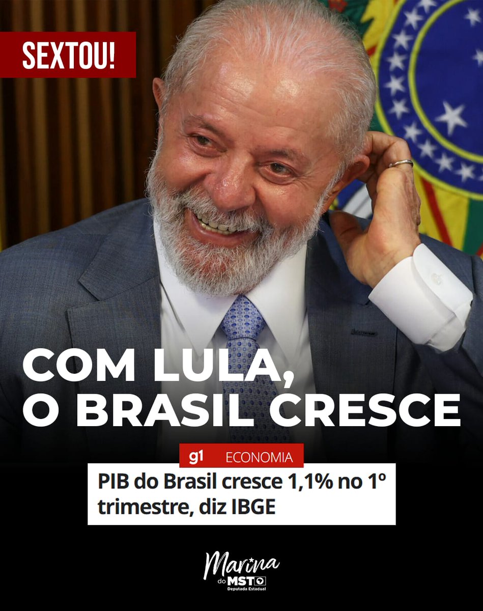 marinadomst's tweet photo. SEXTOU com notícia boa: o PIB do Brasil cresceu 1,1% no 1º trimestre! Com Lula, o país volta a gerar emprego, renda e esperança. Enquanto a extrema-direita torce contra, o Brasil trabalha, cresce e coloca o povo no centro das prioridades. 🇧🇷 https://t.co/SdGnfSYuGd