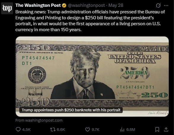 Jonycabesa's tweet photo. 💵🇺🇸 La administración Trump impulsa la creación de un billete de $250 con el rostro del presidente, según el Washington Post. https://t.co/4uRamBdEv6
