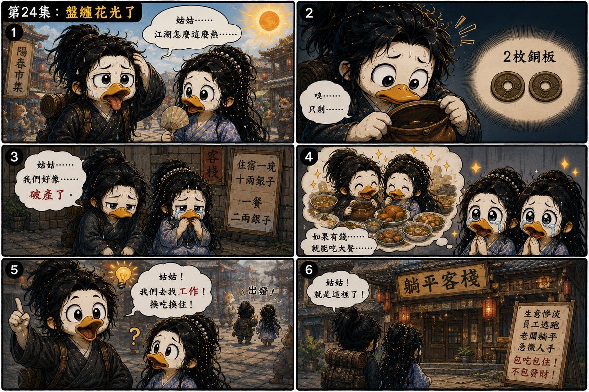 Weikinglu's tweet photo. 🐕🍜🦆 【神雕俠侶｜冲鴨版】24-27集正式上線 🦆🍜🐕

✔ 盤纏花光，正式破產
✔ 加入「躺平客棧」打工換住宿
✔ 楊過鴨洗碗洗到變泡泡鴨
✔ 小龍鴨首次下廚震撼全場

原本快倒閉的客棧，

似乎即將迎來命運轉折……

DOGE老闆：

「我只是缺員工。」

「怎麼撿到兩個大佬？」 https://t.co/S1J1pg4UJF