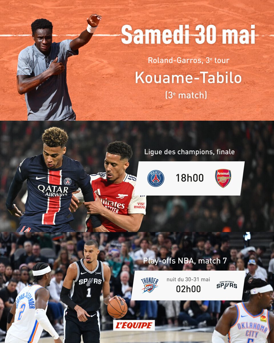 lequipe's tweet photo. Moïse Kouame, la finale de C1 du PSG, un match 7 entre les Spurs de Wembanyama et le Thunder... Le programme fou du samedi 30 mai
➡️ https://t.co/vN9a19oGg8 https://t.co/WQnTXYyDVW