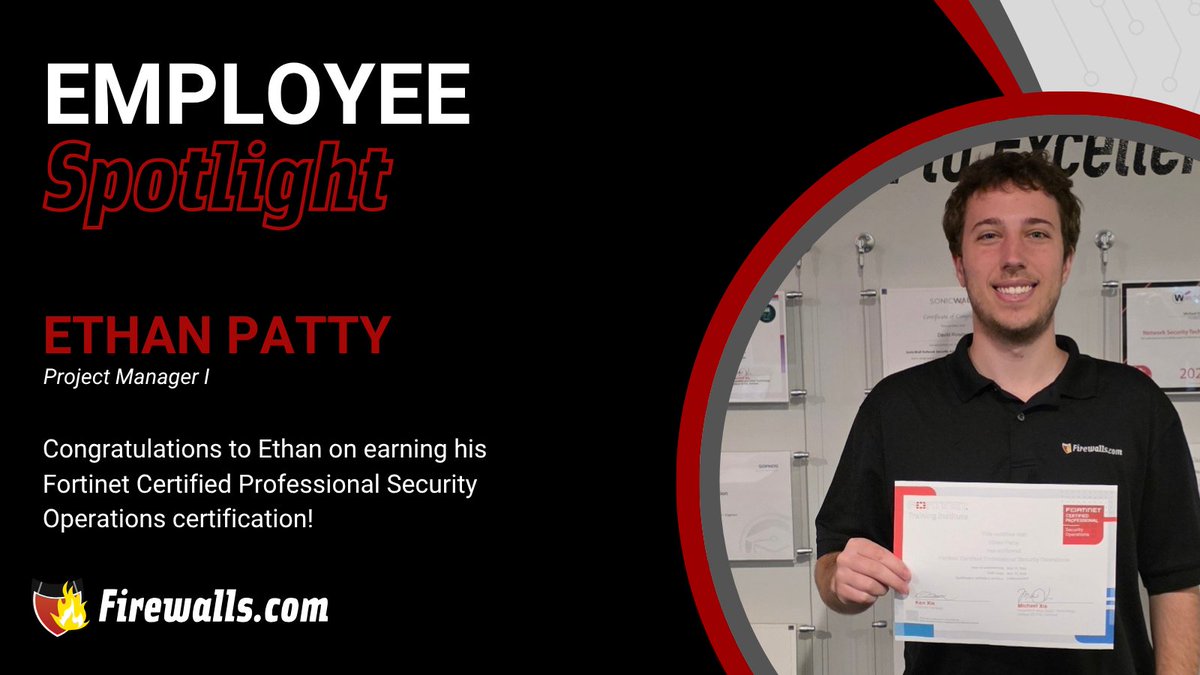 firewallscom's tweet photo. Congrats to Ethan Patty on his @Fortinet Certified Professional Security Operations certification! This achievement validates his deep expertise in Fortinet security solutions, from configuring and managing FortiGate firewalls to mastering VPN configurations, and so much more. https://t.co/NTTSZFCUFJ