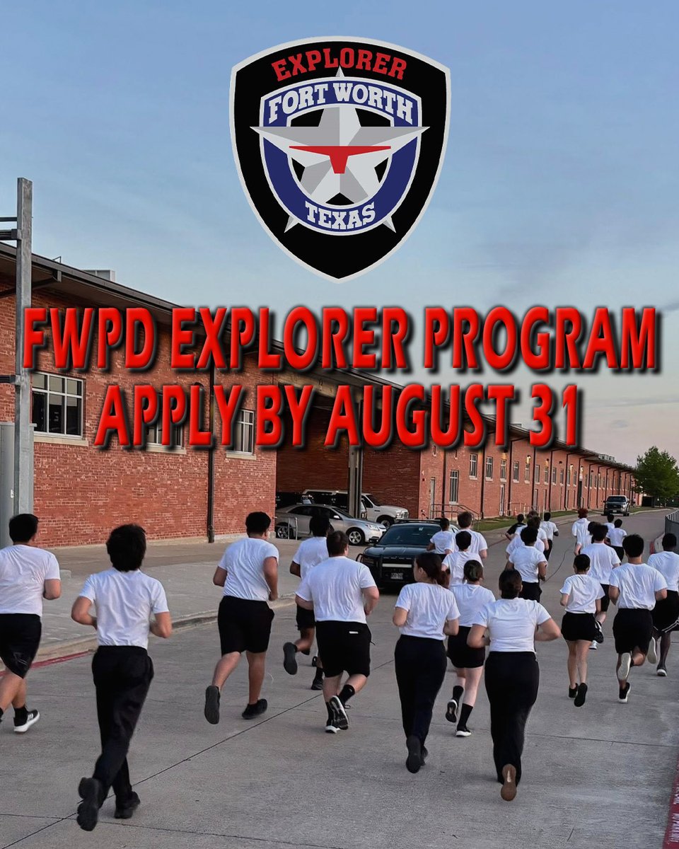 fortworthpd's tweet photo. FWPD Explorer Program OPEN ENROLLMENT Period starts July 1st through August 31st, 2026!

Don’t miss out on your chance to join one the best Police Explorer programs in the North Texas area! Please see the links below for further information about our FWPD Exploring program.

Explorer Program Information: https://t.co/w8gr7tnz3M

You must enroll during the Open Enrollment period ONLY from July 1st through August 31st annually.

Should you have any questions regarding the FWPD Exploring program, please contact Officer Rebecca Woodward at Rebecca.woodward@fortworthtexas.gov