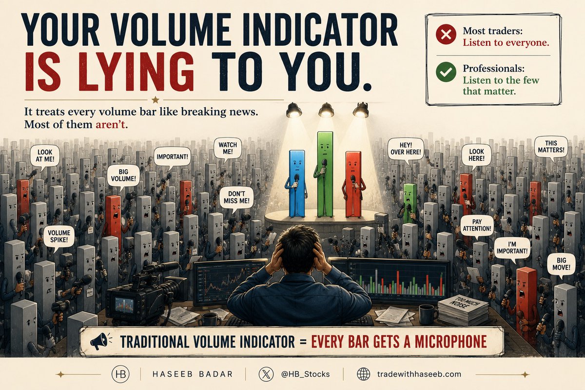 hb_stocks's tweet photo. Your volume indicator is lying to you.

Not on purpose. It just treats every single bar as equally important — when 90% of them mean nothing.

A trader named Nitin (@finallynitin) fixed this. He built a volume indicator that hides the noise and shows you only what institutions are actually doing.

Once you see a chart through it, you can't go back ↓