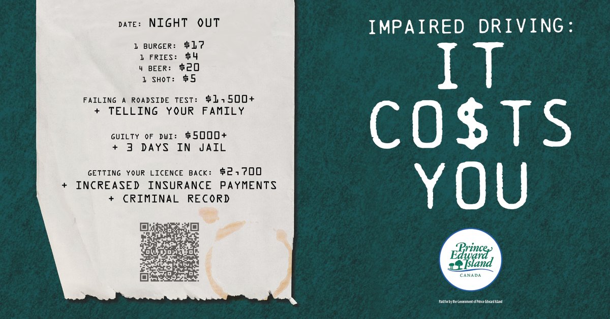InfoPEI's tweet photo. Impaired driving will cost you.

The consequences of driving under the influence are serious — from hefty fines to losing your license, and even facing jail time.

Don't risk it. Learn more about how to stay safe and avoid the costs of impaired driving. https://t.co/cuS34nQ3fw https://t.co/yzTtd502De