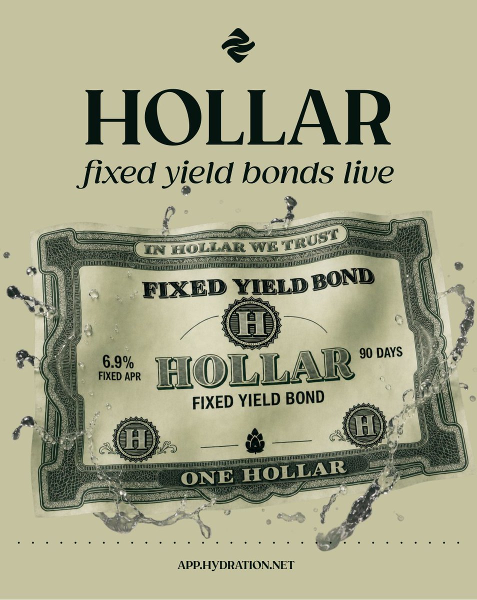 hydration_net's tweet photo. Introducing HOLLAR Stable Yield Bonds

Lock stablecoins for 90 days and earn a fixed 6.9% APR

• Same amount back + yield at maturity
• No liquidation risk for users
• Yield generated through Hydration-native strategies
• No external incentives

https://t.co/UWCuH9JBWh https://t.co/Nds7KTJkDD