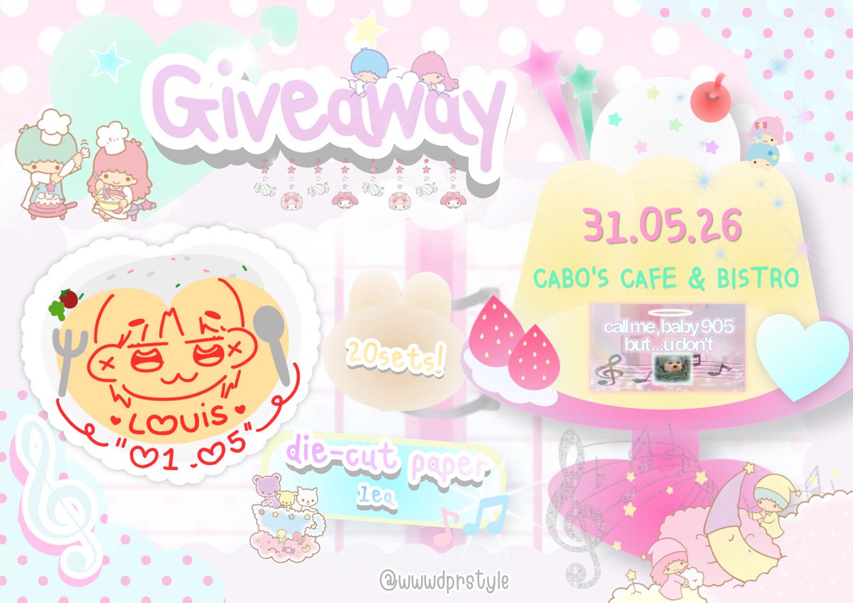 wwwdprstyle's tweet photo. 𝒫ls k𝒾ndly rt  ♥ . . . 🧑‍🧑‍🧒💞

₊˚‧(๑σ̴̶̷̥́ ₃σ̴̶̷̀)·˚₊ 🍮 giveaway 𝒻𝑜𝓇 #LOUIS16_goMYstarlight

🎶𝒟ie-cut paper ♬ 🥟🥢
🍼 20 sets ･:*+.\(( >ω< ))/.:+

🏩 cabo’s cafe and bistro 🍰☕️

𝒟ate : 5月31日 🪄🪄🐥

𝒯ime : tba ~( ๑॔˃ ॢ‧̫˂)ॢ♡̷˚๐ https://t.co/R1A1HU6mYs