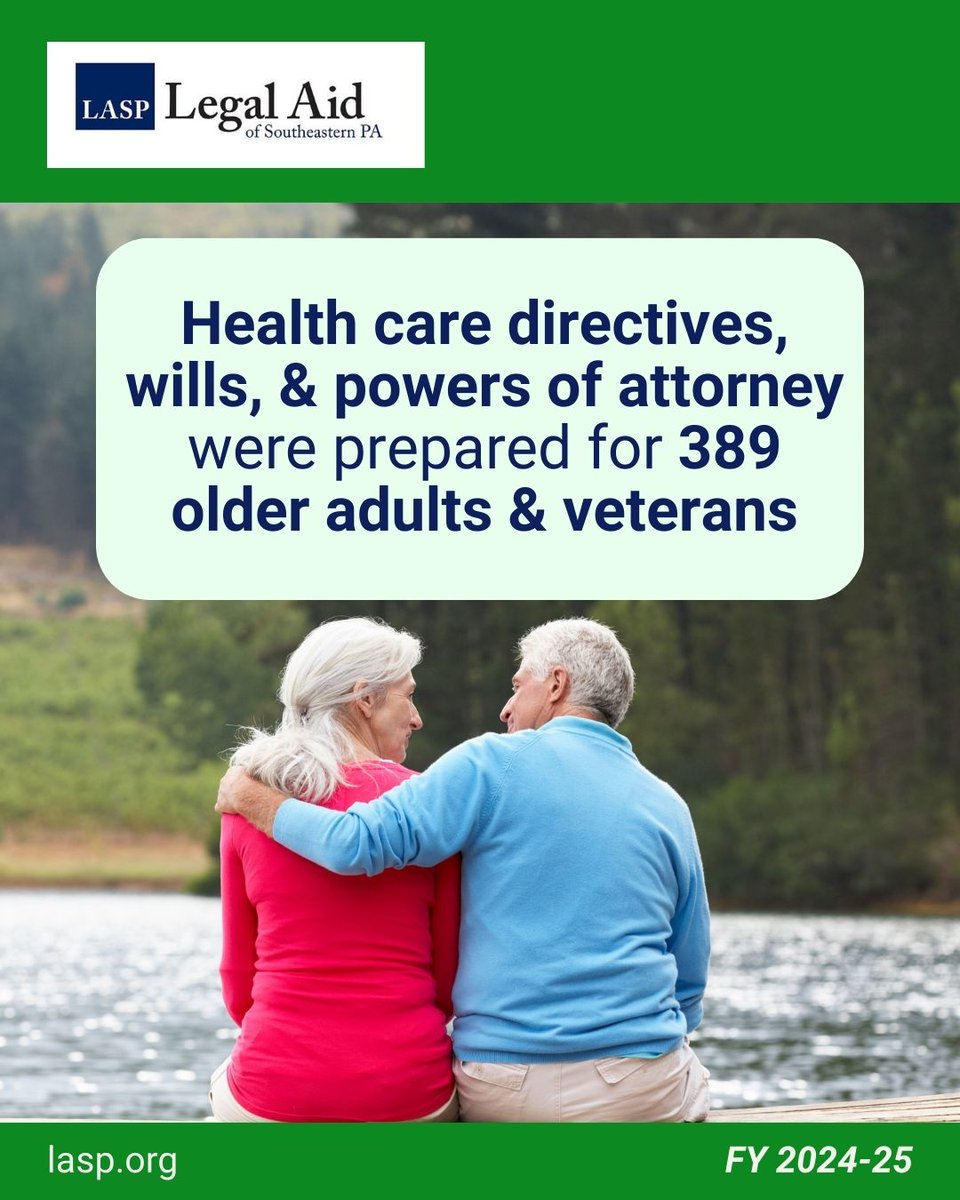 LegalAidSEPA's tweet photo. May is #OlderAmericansMonth!

In 2024-25, LASP helped 389 older adults &amp; veterans prepare healthcare directives, wills, &amp; powers of attorney in Bucks, Chester, Delaware &amp; Montgomery counties.

💚Advanced planning helps families build generational wealth &amp; provides peace of mind. https://t.co/vodsC2BtxQ