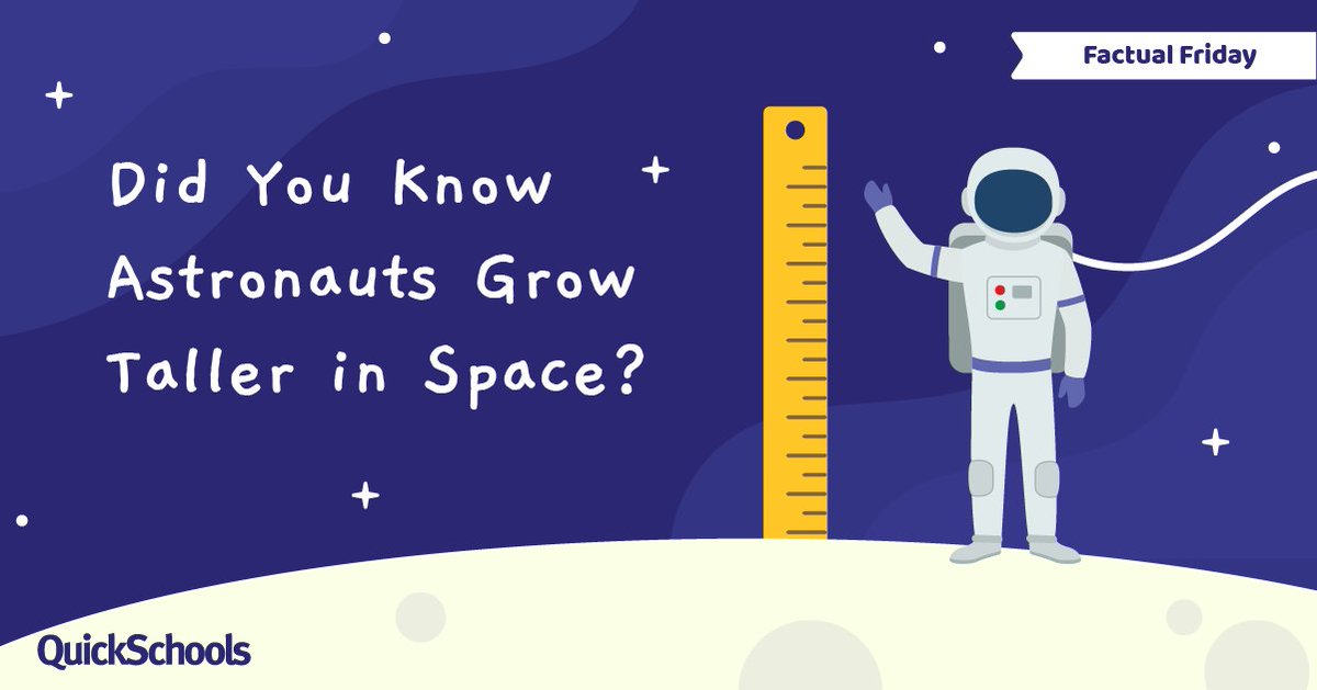 QuickSchools's tweet photo. Astronauts can grow up to about 2 inches taller in space because microgravity allows the spine to stretch. Without Earth’s gravity compressing the vertebrae, the discs between them expand, though astronauts return to their normal height back on Earth.

Would you try zero gravity? https://t.co/jf1pygGNuX