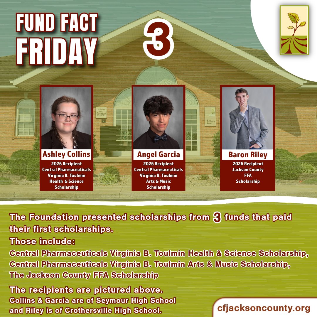 CFJacksonCounty's tweet photo. It's Fund Fact Friday! Did you know that 3 scholarship funds awarded their first scholarships this spring? 
That is all thanks to our donors with the Virginia B. Toulmin Foundation and Jackson County FFA chapters. https://t.co/3dZ0lXDmBX