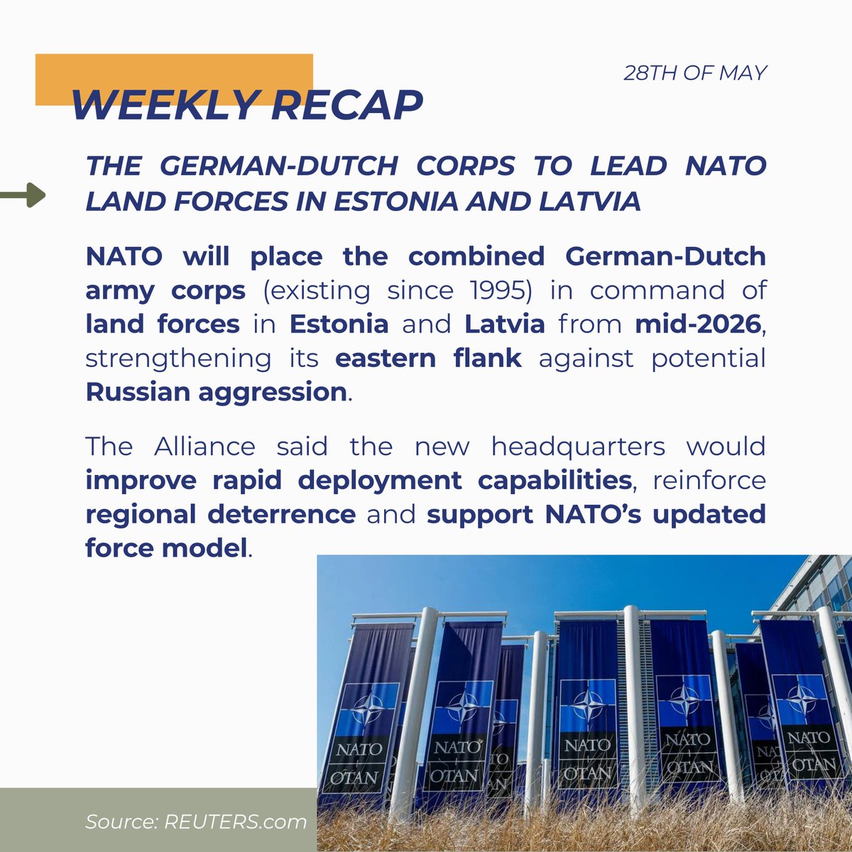 NATOFoundation's tweet photo. 📰 This week in NATO:
🔷 NATO ready to defend ‘every inch’ of territory as Russian drone hits Romania
🔷 Bulgaria aims to raise defence spending to 5% of GDP, PM Radev says
🔷 The German-Dutch corps to lead NATO land forces in Estonia and Latvia

#WeAreNATO https://t.co/AhAdp31vy1