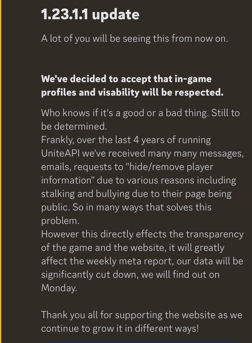 VaelorBear's tweet photo. Update from the @UniteAPI  devs this morning regarding private accounts. 

This will impact on reporting meta results in tournaments, but the extent of that impact won’t be fully known until we have tournament results to see how many players are making their profile anonymous. https://t.co/P74JMM67HU