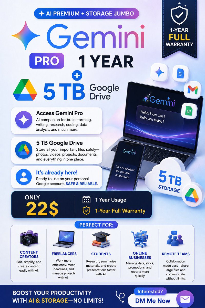 fadjar_satrio's tweet photo. 5 TB Google Drive Storage for 1 Year — usable on your personal Google account + Gemini Pro for 1 Year.
Price: 22$ with a full 1-year warranty. Interested? DM now! Legal https://t.co/TCLpipJfVF