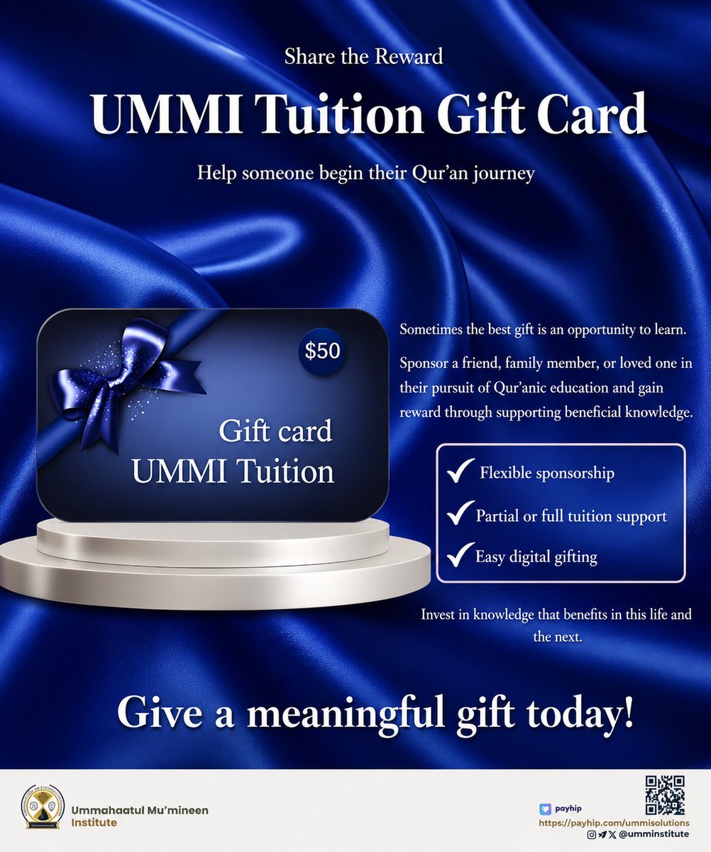 UMMInstitute's tweet photo. 💙 Give the gift of Qur’an learning this Dhul Ḥijjah. 📖

Support a loved one’s journey in beneficial knowledge and earn lasting reward. 🤍

🎁 UMMI Tuition Gift Cards available now.
📩 DM us to purchase
🌐 https://t.co/cdF6BcxAN6

#GiftOfKnowledge #DhulHijjah #SadaqahJariyah https://t.co/yL1uI0G8mG