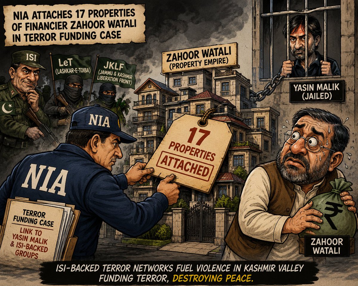 ayeshakwrites's tweet photo. NIA’s seizure of 17 properties linked to Zahoor Watali exposed terror funding networks, showing Pakistan’s ongoing support for militant activities in Kashmir. #NeverForgetPulwama #TerrorHasNoReligion https://t.co/ksKAwEESE7