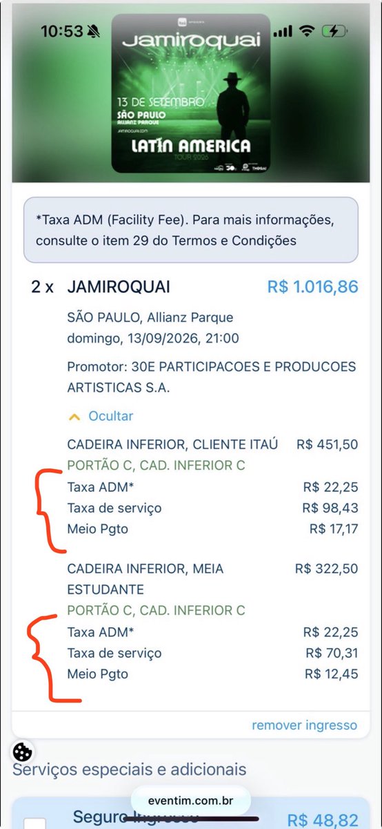 ofelps_n's tweet photo. É por isso que eu desisti de ir pra esse show e de vários outros. Deixando exposta a palhaçada da @EventimBrasil de cobrar, além das outras taxas absurdas, uma taxa por que to comprando um ingresso meia entrada. Meu +sincero VÃO SE LASCAR.
#eventim #eventimbrasil #jamiroquai #30e https://t.co/Ad4Bd4cjhJ